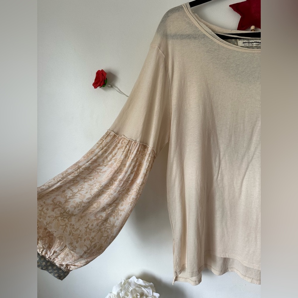 Free People Jade Printed Sleeve Cream Pocket Elegant Women's Top S M L - Picture 8 of 12